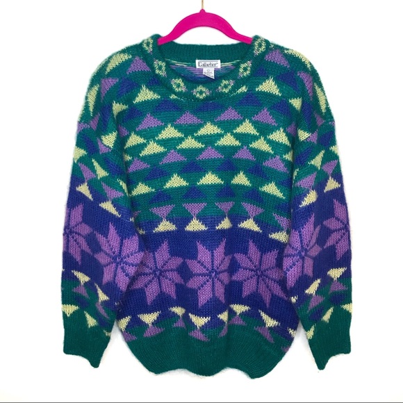 Vintage Sweaters - VTG 80’s Gallagher Geo Print Fair Isle Sweater L